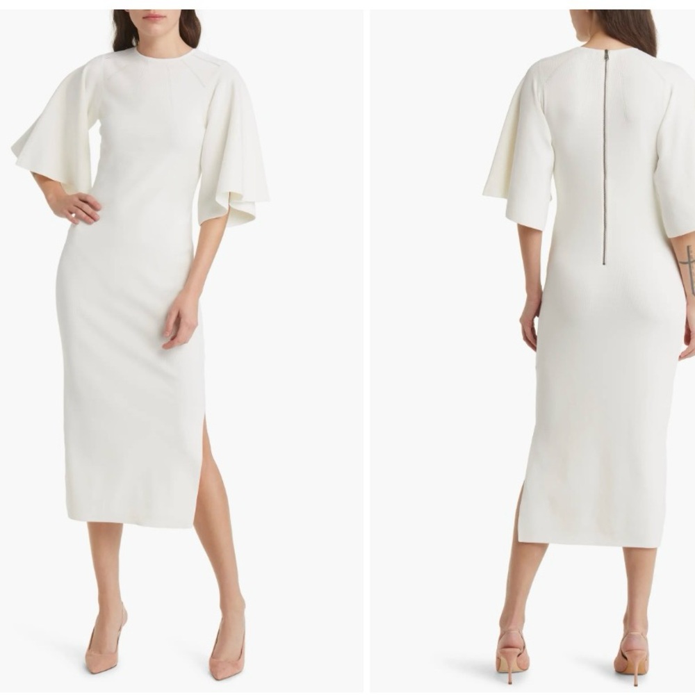 Brand New Ted Baker London Elegant White Midi Sweater Dress long fluted sleeve